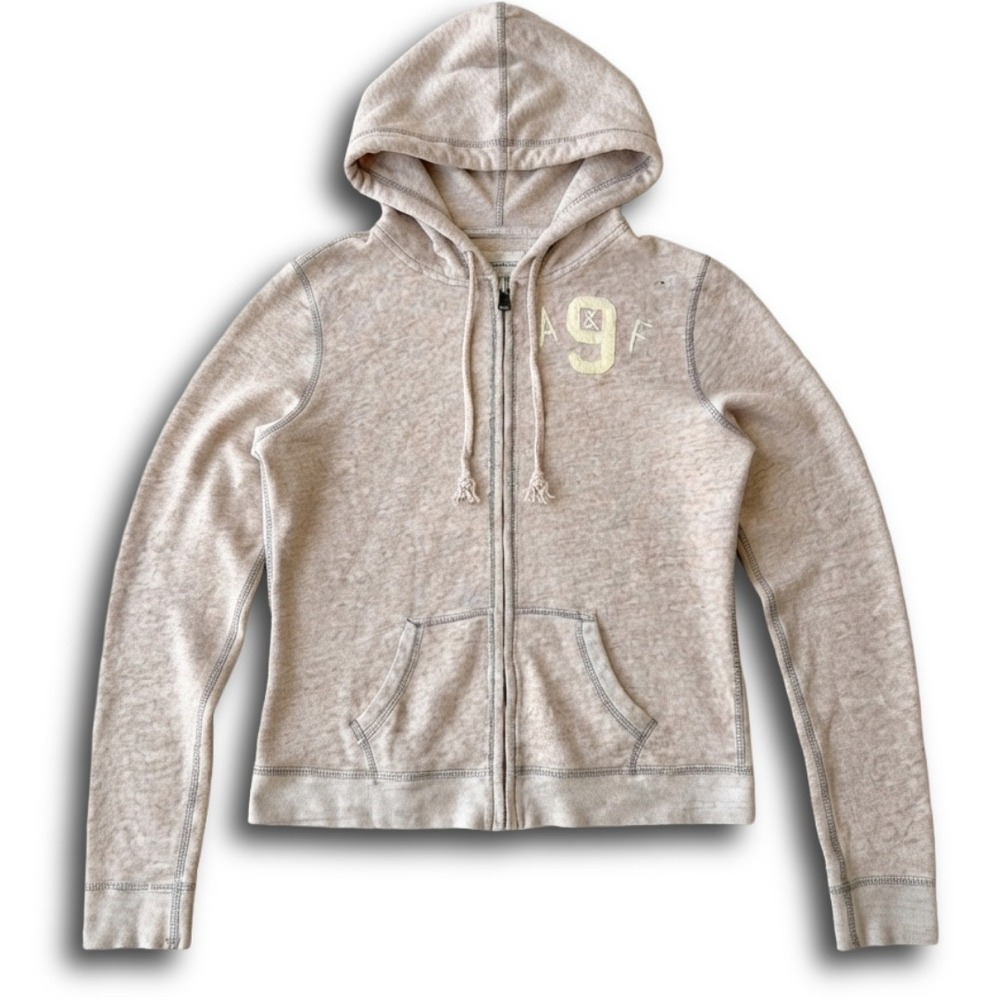 Abercrombie & Fitch Y2K Full Zip Hoodie Tan Heathered Logo Applique Large